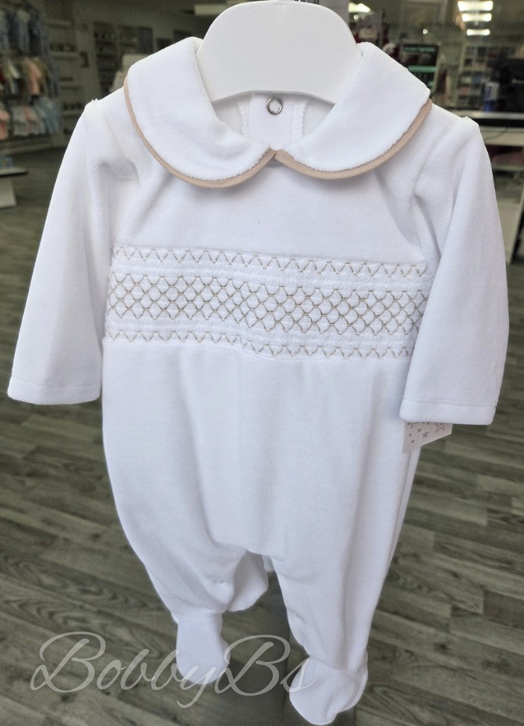 SG68 - White & Beige Smocked velour babygrow