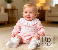 PJW2505 - Pink Heart Smocked velour romper