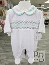 Load image into Gallery viewer, SG68C - White &amp; Mint Smocked cotton babygrow