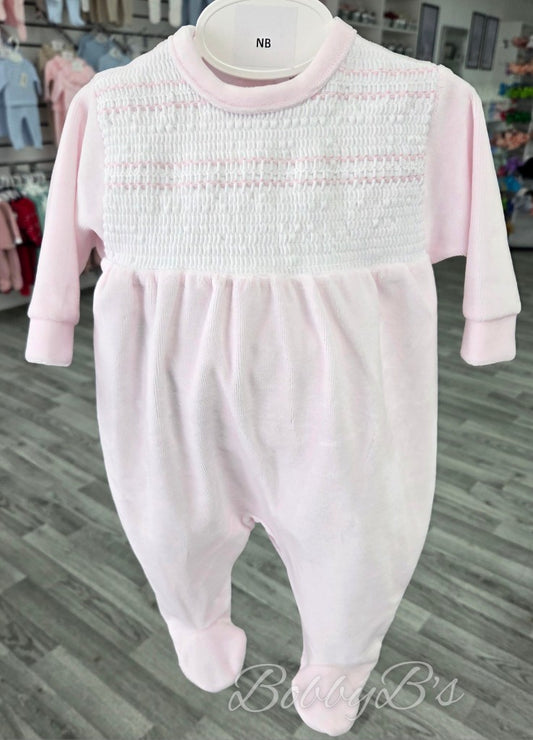 LBW25/801 - Pink Smocked velour babygrow