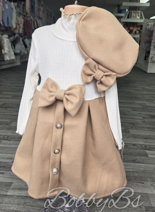 10892 - Beige Pearl button dress & Beret set