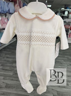 SG68 -  Ivory & Beige Smocked velour babygrow