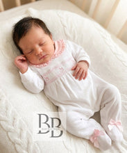 Load image into Gallery viewer, 26010 - White&amp;Pink Smocked velour babygrow