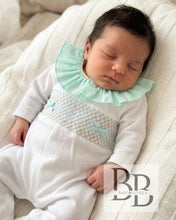 Load image into Gallery viewer, SG66C - White &amp; Mint Smocked cotton babygrow