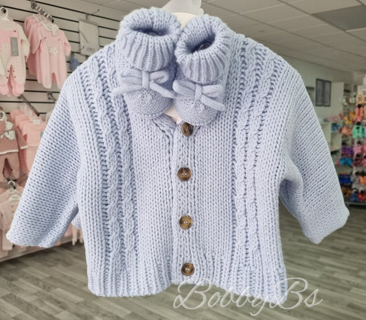1221 - Baby Blue chunky knitted cardigan & bootie set