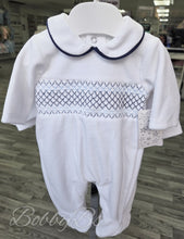 Load image into Gallery viewer, SG68 - White &amp; Navy Smocked velour babygrow