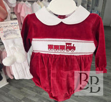 Load image into Gallery viewer, PJW26001- Red Train Smocked velour romper