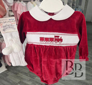 PJW26001- Red Train Smocked velour romper