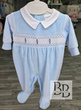 Load image into Gallery viewer, 26013 - Blue Smocked velour babygrow
