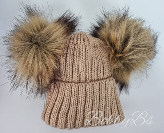 0503 - Beige Double pompom hat