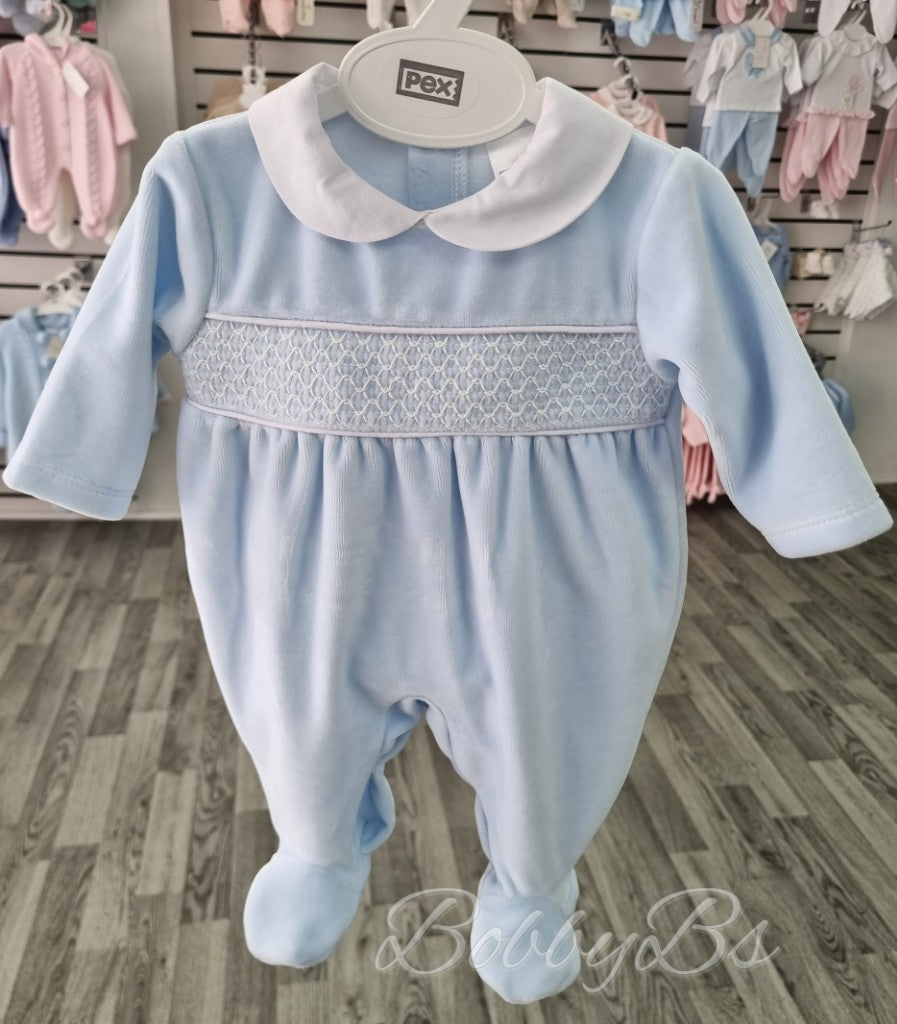 ALBERT - Blue/White Smocked Velour Babygrow