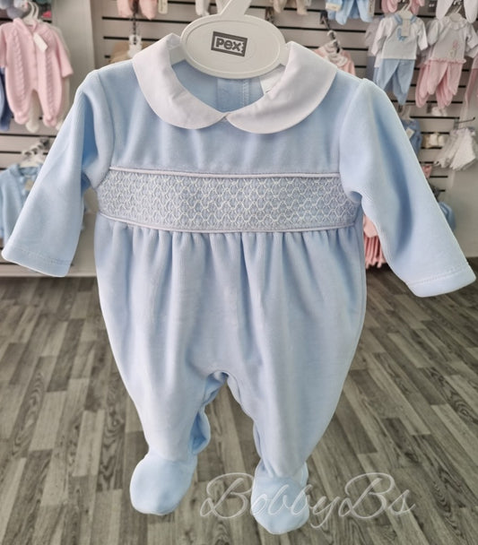 ALBERT - Blue/White Smocked Velour Babygrow