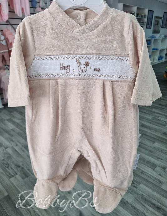 13412 - Beige velour smocked babygrow