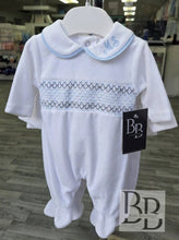 Load image into Gallery viewer, SG68 -  White &amp; Blue Smocked velour babygrow