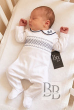 Load image into Gallery viewer, SG68 - White &amp; Navy Smocked velour babygrow