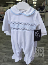 Load image into Gallery viewer, SG68 -  White &amp; Blue Smocked velour babygrow