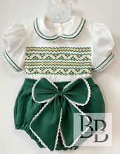 Load image into Gallery viewer, PREORDER - Girls Smocked Emerald Green Bow Romper