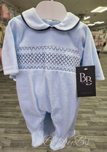 Load image into Gallery viewer, SG68 - Blue &amp; Navy Smocked velour babygrow