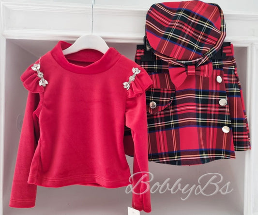 3259 - Red Velour Skort & Beret set