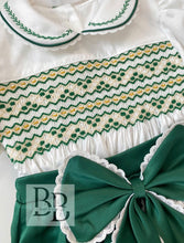 Load image into Gallery viewer, PREORDER - Girls Smocked Emerald Green Bow Romper