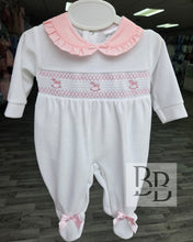Load image into Gallery viewer, 26010 - White&amp;Pink Smocked velour babygrow