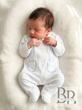 Load image into Gallery viewer, SG205 - White &amp; Blue embroidered babygrow