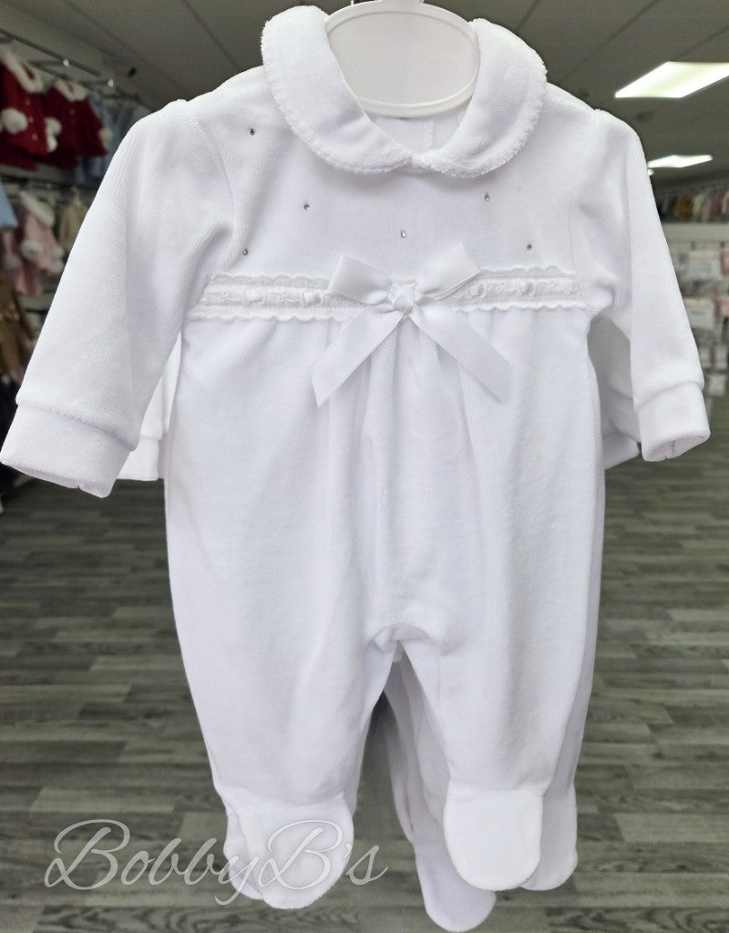 6003 - White Diamante velour babygrow