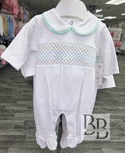Load image into Gallery viewer, SG68C - White &amp; Mint Smocked cotton babygrow