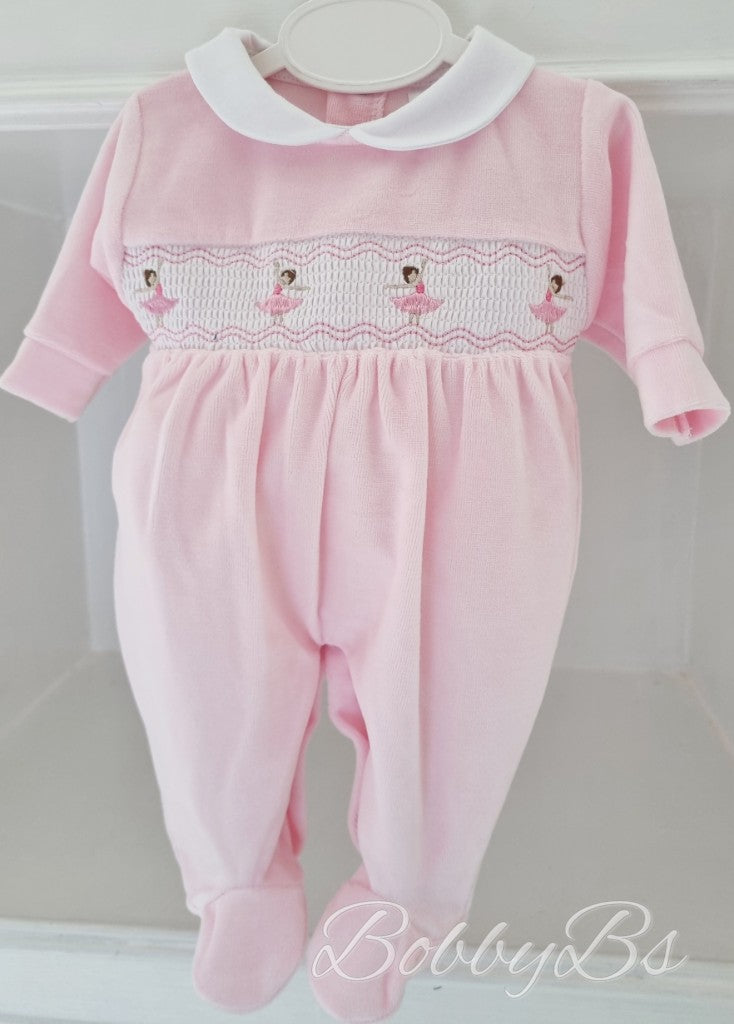PJW2502 - Pink smocked velour babygrow