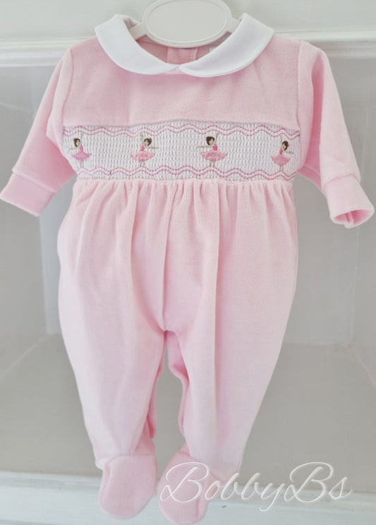 PJW2502 - Pink smocked velour babygrow
