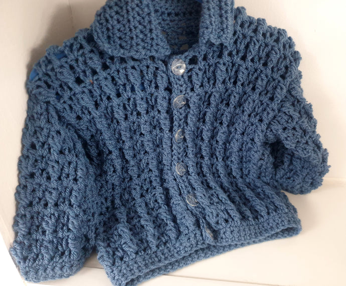 DBCC55 ~ Denim Blue crochet cardigan.