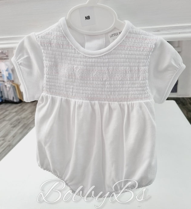 LBS23105 - White & Pink cotton smocked romper