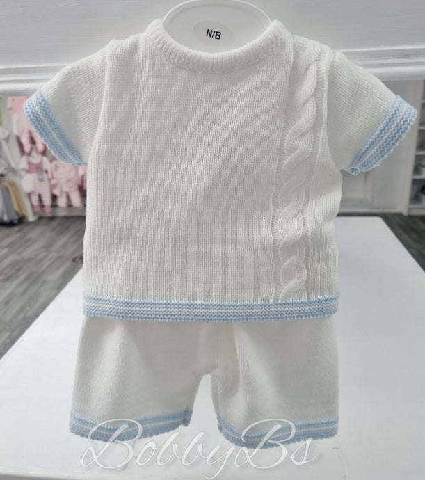 MC2 - White/Blue Cable design knitted short set